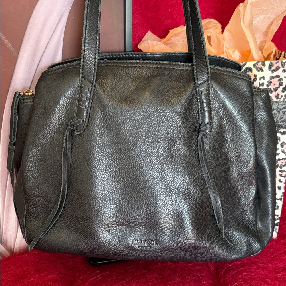 MARGOT OF NEW YORK GENUINE BLACK LEATHER HANDBAG WITH GOLD HARDWARE